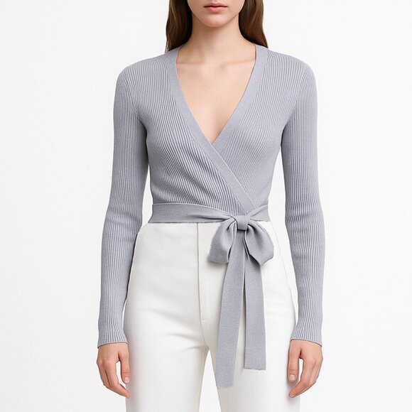 Zara Ribbed Wrap Front Long Sleeve Knit Cardigan Blue Size Small b21E - Picture 1 of 7